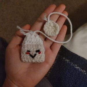 Teabag Bookmark Amigurumi Blushing Face Handmade Crochet 10 Inches Aran White